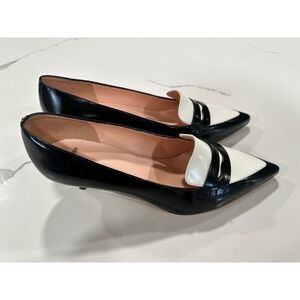 J.Crew Womens Black White Patent Leather Pointed Toe Penny Loafer Kitten Heels 9